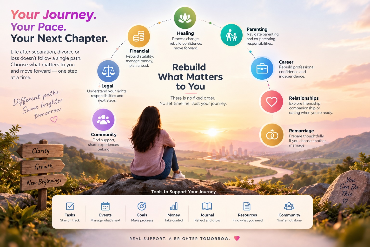 RekindDil journey visualization showing the connection between different life areas: tasks, goals, events, money, journal, resources, and community